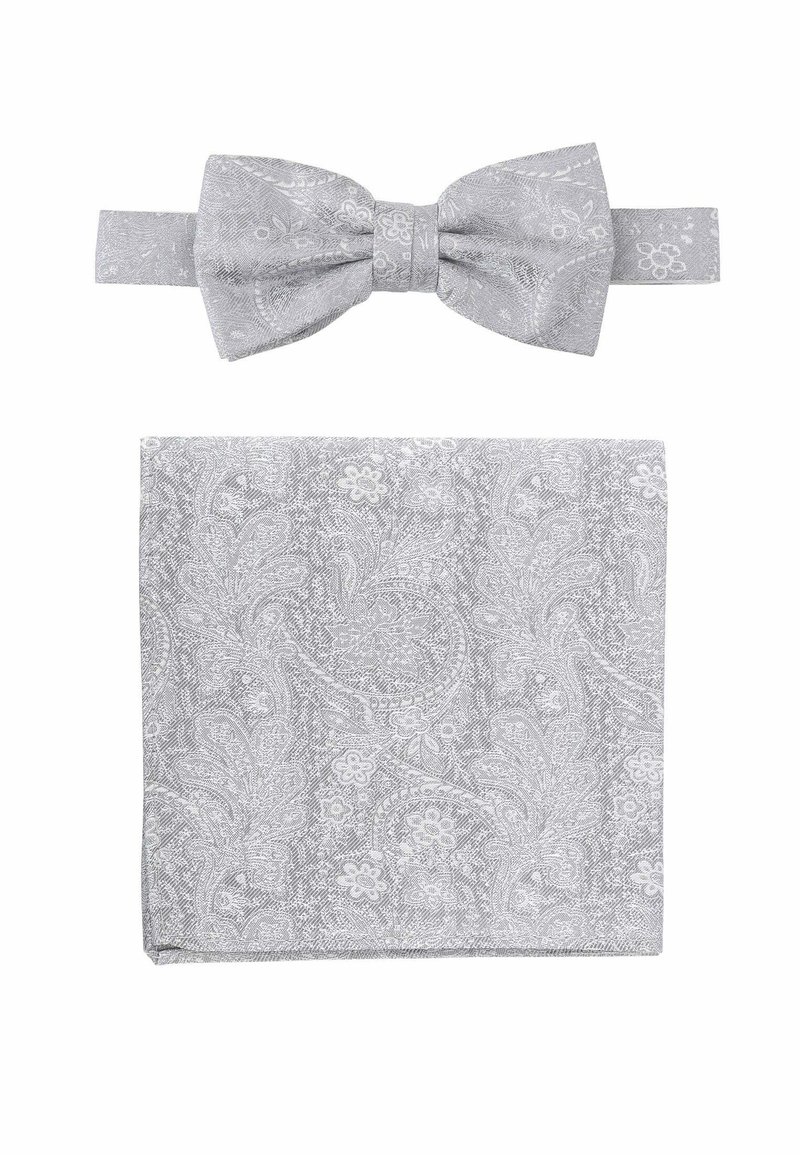 Grau farbige Fliege und Einstecktuch-Set mit aufwendigem Paisleymuster, strukturiertem Stoff und glatter Oberfläche. Geeignet für formelle Anlässe.