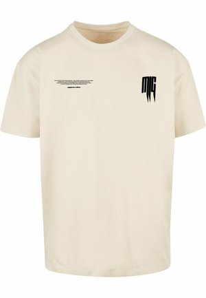 Cremfarbener T-Shirt mit kurzen Ärmeln aus Baumwolle, das schwarzen Text und Grafiken auf der Vorderseite zeigt, mit runder Ausschnitt und einer lockeren Passform.