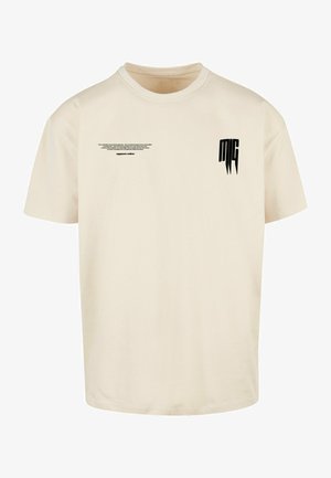Cremefarvet kortærmet t-shirt i bomuld med sort tekst og grafik på forsiden, rund halsudskæring og en afslappet pasform.