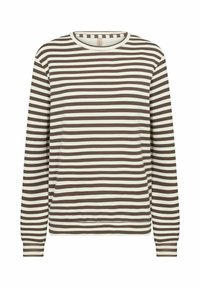 Sweat-shirt à manches longues en crème avec des rayures horizontales marron. Encolure ras du cou, texture douce et poignets ajustés. Design simple et décontracté.