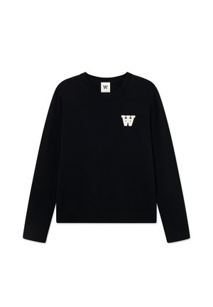 Black knitted sweater with a round neckline, long sleeves, and a white logo "W" on the chest. The fabric appears smooth with ribbed cuffs.