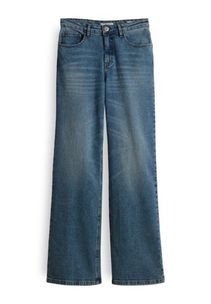 Weit geschnittene Jeans aus Denim in einem verwaschenen mittleren Blauton mit strukturierter Oberfläche; ausgestattet mit fünf Taschen und einem Knopfverschluss am Bund.