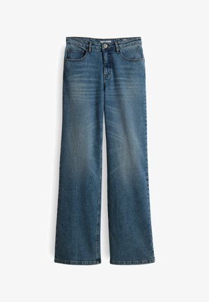 Weit geschnittene Jeans aus Denim in einem verwaschenen mittleren Blauton mit strukturierter Oberfläche; ausgestattet mit fünf Taschen und einem Knopfverschluss am Bund.