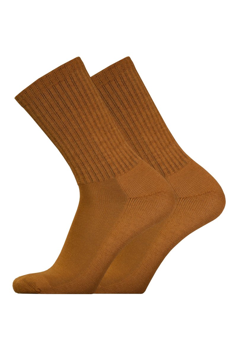 Brown ribbed socks with a smooth texture, featuring a reinforced heel and toe, showcasing a uniform color and medium height design.