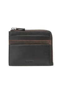 Black leather wallet with a textured finish, featuring three card slots, a zippered compartment, and a brown accent strip.