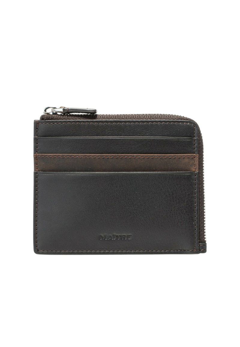 Black leather wallet with a textured finish, featuring three card slots, a zippered compartment, and a brown accent strip.