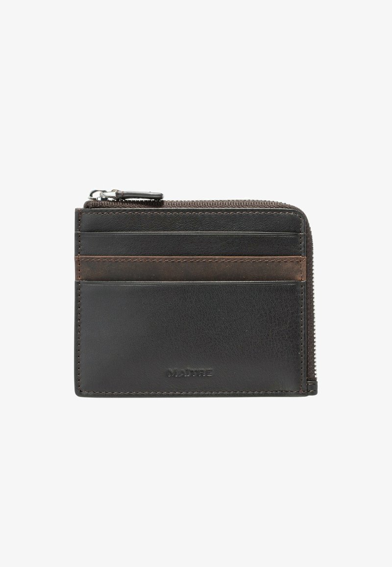 Black leather wallet with a textured finish, featuring three card slots, a zippered compartment, and a brown accent strip.