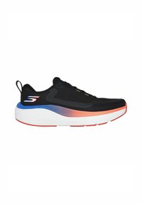 Scarpa da ginnastica nera con tomaia in rete, caratterizzata da accenti sfumati blu e rossi, intersuola bianca imbottita e suola esterna in gomma testurizzata.