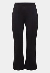 Pantalon ajusté noir pour femme avec une légère évasement à l'ourlet, fabriqué en tissu lisse, présenté sur un fond clair.