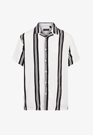 Kurzarmhemd in Schwarz und Weiß, mit kräftigen vertikalen Streifen und einer Knopfleiste. Hergestellt aus einem glatten, leichten Stoff.