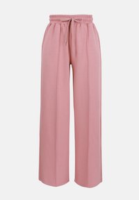 Pantalon rose pâle coupe ample avec taille élastique et cordon à l'avant, coutures verticales et poches latérales.