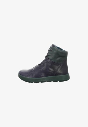Marineblaue und grüne High-Top-Stiefel aus glattem Leder, mit runder Spitze, runden Schnürsenkeln und strukturiertem Gummisohle.