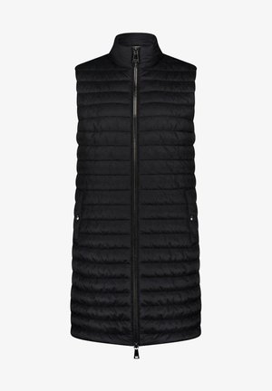 Veste sans manches noire matelassée avec un col montant, une texture matelassée verticale, une fermeture éclair à l'avant et des accents à pression sur les côtés. Conception légère et sans manches.