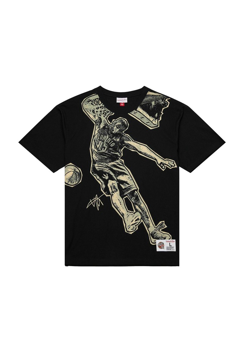 Schwarzes Baumwoll-T-Shirt mit einem goldenen Grafikdruck eines Basketballspielers, der einen Dunk ausführt, mit "TORONTO" und einer Unterschrift am unteren Rand.