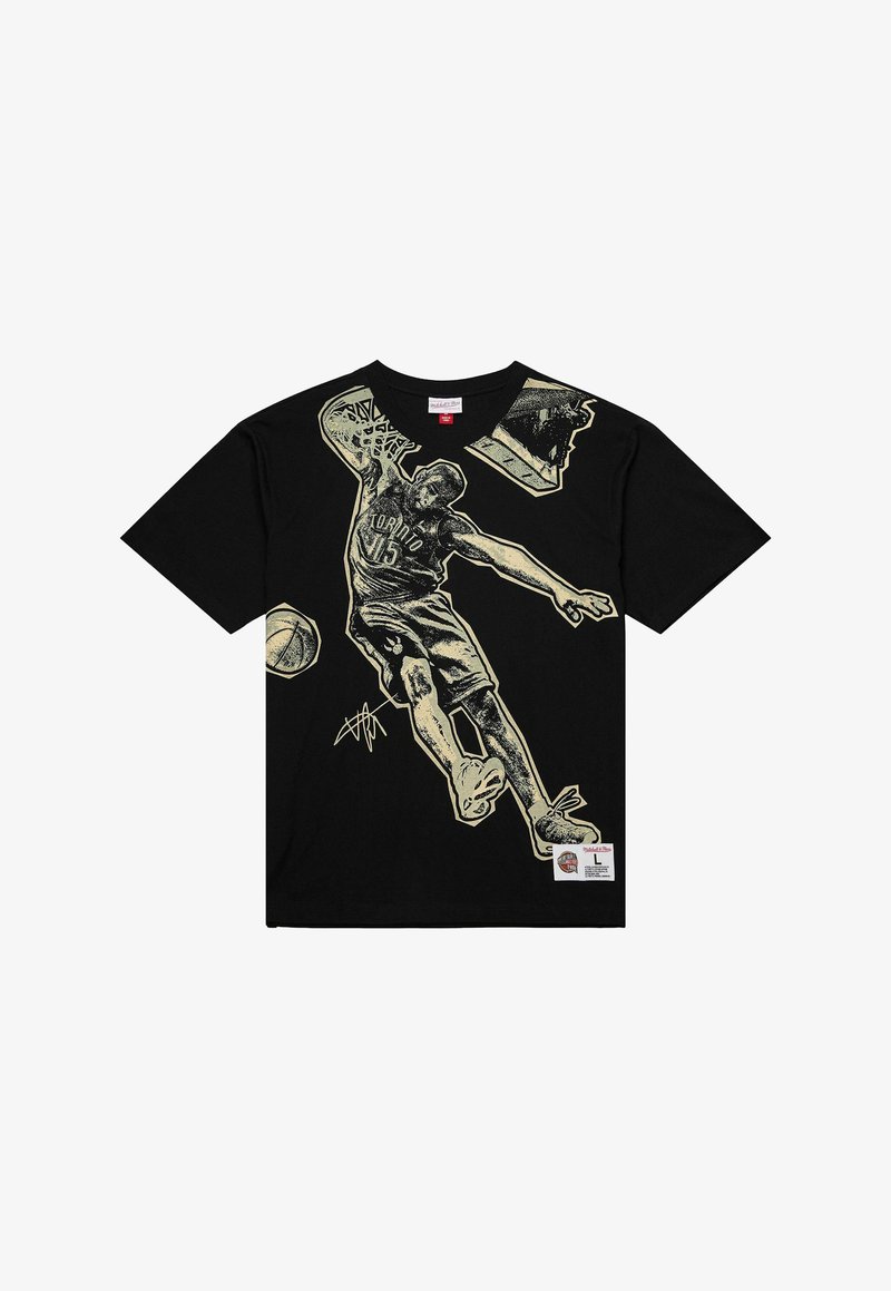 Schwarzes Baumwoll-T-Shirt mit einem goldenen Grafikdruck eines Basketballspielers, der einen Dunk ausführt, mit "TORONTO" und einer Unterschrift am unteren Rand.