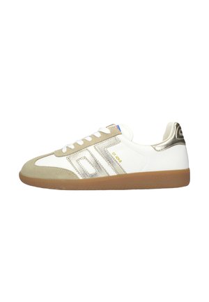 White low-top sneaker with beige suede toe, metallic gold stripes and heel, white laces, and gum rubber sole.