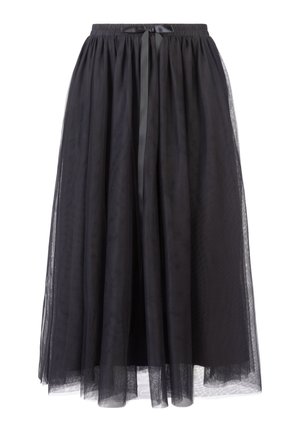 Zwarte tule rok met een gelaagd ontwerp, elastische tailleband en een satijnen strik. Licht en doorzichtig textuur met een vloeiende silhouet.