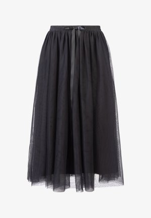 Schwarzer Tüllrock mit mehrschichtigem Design, elastischem Bund und einem Satinband zum Binden. Leichte und durchsichtige Textur mit fließender Silhouette.