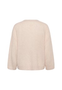 Lys rosa strikket sweater, oversized design, ribbet kant, tekstureret stof, trekvartærmer, bagview.