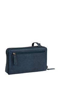 Donkerblauwe leren portemonnee met meerdere ritscompartimenten, een gestructureerd oppervlak en een hengsel voor gemakkelijk dragen. Voorzien van gouden hardware.