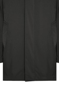 Giacca esterna nera con taglio dritto. Presenta tasche laterali, una texture liscia e un design minimalista senza chiusure visibili.