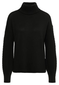 Pull à col roulé noir avec texture côtelée et accents en tricot torsadé sur les manches, coupe décontractée. Confectionné en tissu tricoté doux.
