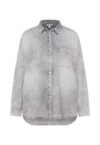 Gray denim shirt with a button-down front, pointed collar, single chest pocket, and rolled sleeves. Features a subtle faded texture.