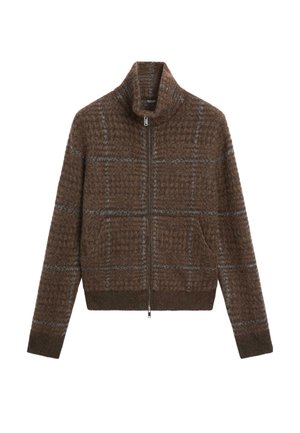 Brązowy sweter na zamek z wysokim kołnierzem, wykonany z teksturowanej tkaniny w kratkę w odcieniach jasnobrązowego i szarości.