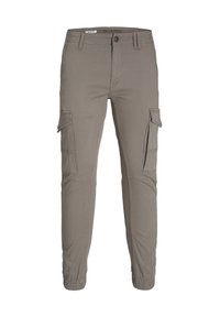 Taupe tapered cargo pants with elastic cuffs, multiple flap pockets on thighs, button and zipper closure, and belt loops.