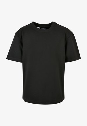 Zwart T-shirt met korte mouwen van katoen. Ronde halslijn, rechte snit met een ontspannen pasvorm, zonder zichtbare patronen of accenten.