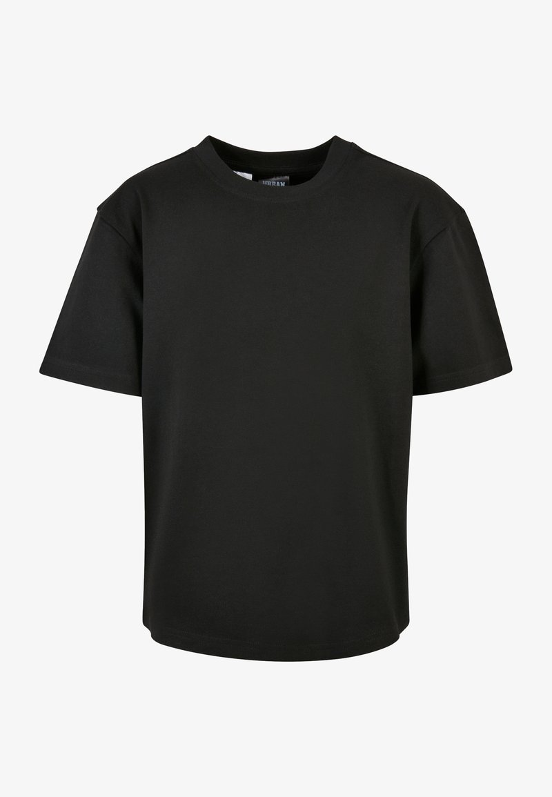 Sort kortærmet T-shirt lavet af bomuld. Rund udskæring, lige snit med en afslappet pasform, uden synlige mønstre eller detaljer.