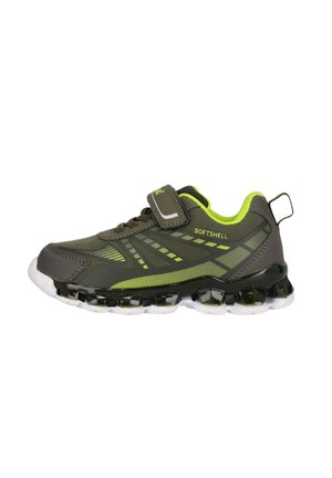 Sport Schuhe mit einem dunkelgrünen und hellgrünen Design, Obermaterial aus Mesh und einem Klettverschluss. Mit einer gepolsterten schwarzen Sohle mit weißen Akzenten.
