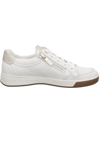 White leather sneaker with a smooth texture, lace-up design, side zip closure, and a light metallic accent on the heel. Rubber sole.