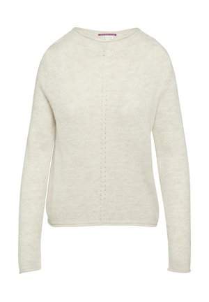 Crème-kleurige gebreide sweater met een ronde hals, lange mouwen en een subtiel textuurpatroon in het midden. Zacht, lichtgewicht materiaal.
