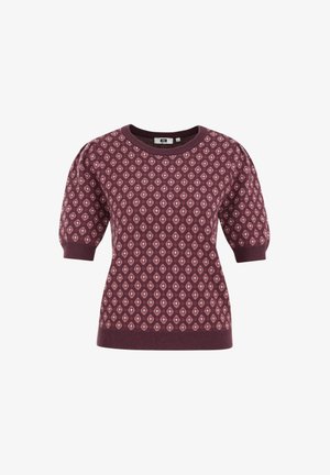 Wollmischung-Pullover in Burgunderrot mit einem Rautenmuster, kurzen puffigen Ärmeln und einem gerippten Rundhalsausschnitt sowie einem gerippten Saum.