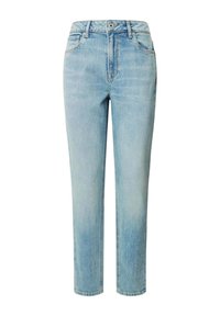 Lichtblauwe denim jeans met een rechte pasvorm, hoge taille, vijf-pocket stijl en een vervaagde textuur door de stof.
