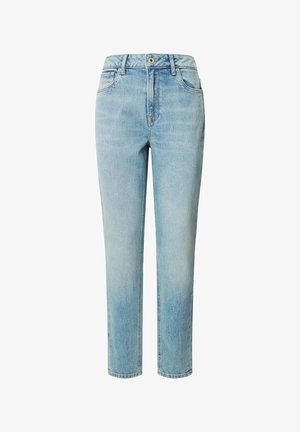 Lichtblauwe denim jeans met een rechte pasvorm, hoge taille, vijf-pocket stijl en een vervaagde textuur door de stof.