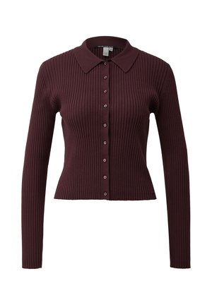 Ribbed burgundy cardigan with a fitted design, long sleeves, a collar, and front button closure. Textured fabric with even vertical lines.