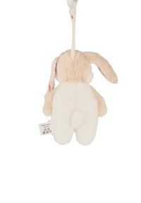 Plush rabbit toy in soft beige fabric with a white underside. Features long ears and hanging tag. Rounded shape with fluffy tail detail.