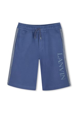 Shorts de sport bleu en tissu doux. Ils présentent une taille élastique, un cordon de serrage et des accents latéraux à motif pied-de-poule avec le logo "LANVIN".