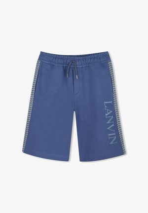 Shorts de sport bleu en tissu doux. Ils présentent une taille élastique, un cordon de serrage et des accents latéraux à motif pied-de-poule avec le logo "LANVIN".