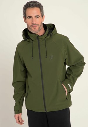 Grüne Jacke mit einem schwarzen Reißverschluss, verstellbarer Kapuze und seitlichen Taschen. Sie hat eine glatte Textur und ein minimalistisches Design.