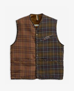 Quilted vest featuring brown and dark plaid patterns with yellow and red accents, a front pocket, and snap-button closure.