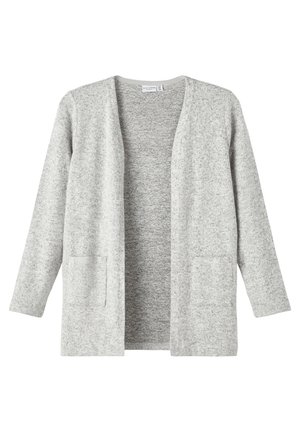 Lysegrå cardigan med åben front, lange ærmer og to forlommer, lavet af blødt strikstof.