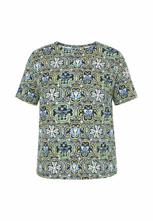 Kurzarmhemd mit einem wiederholten Blumenmuster in Blau, Grün, Weiß und Schwarz auf weißem Hintergrund.