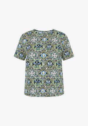 Kurzarmhemd mit einem wiederholten Blumenmuster in Blau, Grün, Weiß und Schwarz auf weißem Hintergrund.