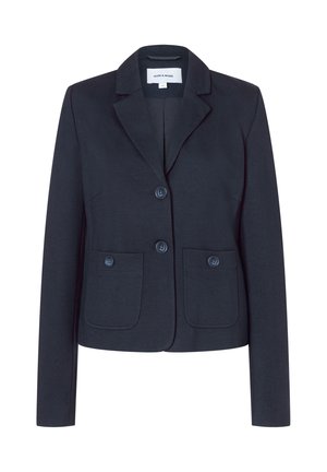 Marineblauer Damenblazer mit zwei vorderen Knopftaschen, Zweiknopfleiste und Reverskragen mit Kerbe.