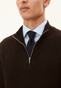 Brauner gestrickter Pullover mit einem Reißverschluss am Kragen, getragen über einem hellblauen Hemd mit Kragen und schwarer Krawatte, mit glatter Textur.