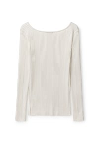 Geripptes Langarmoberteil in Elfenbein, mit großem Rundhalsausschnitt und strukturiertem Stoff für zusätzliche Details und Flexibilität.