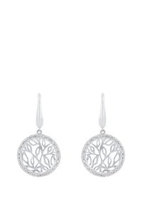 Orecchini a goccia in argento con design circolare a trame aperte che assomigliano a rami, bordati da piccoli cristalli scintillanti.